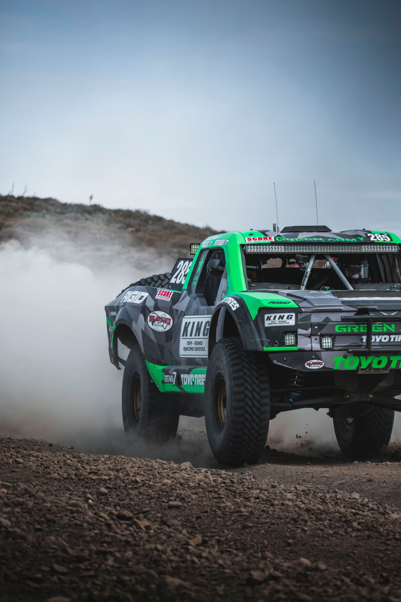 King-equipped off-road race truck running through the dirt
